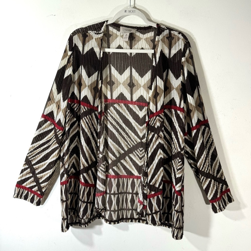 Chico’s Geometric print mesh open cardigan